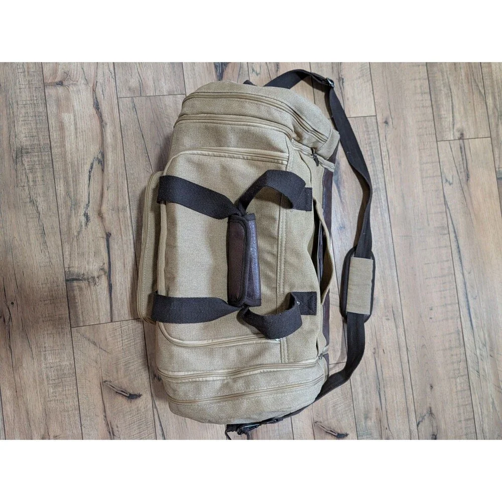 WOHLBEGE Canvas Leather Duffle Bag Travel Weekender Carry On Gym Bag Khaki